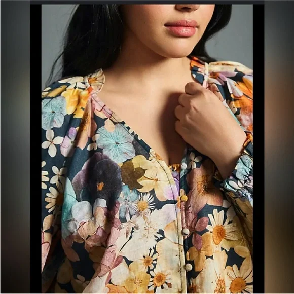 ANTHROPOLOGIE Maeve Moxy Collective Blouse Button Up Watercolor Floral Linen 1X - Picture 4 of 13